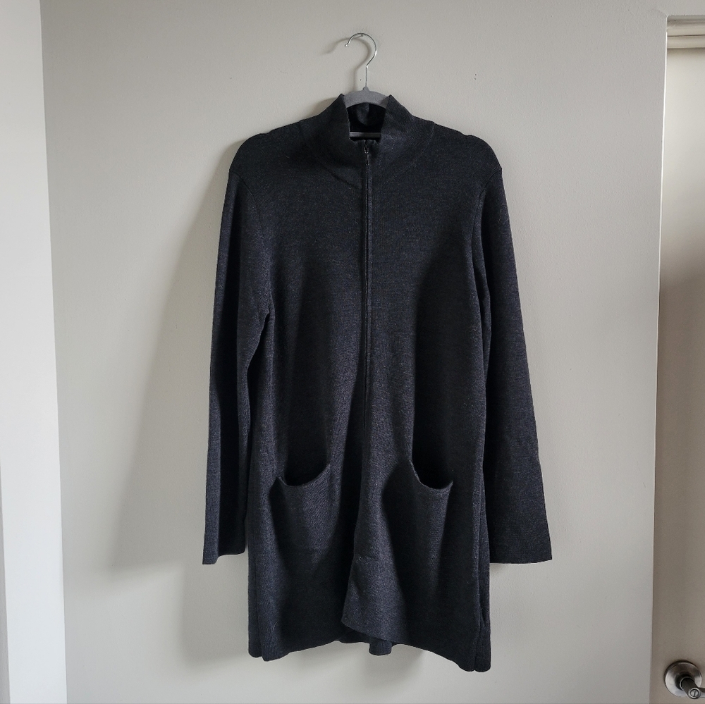 Eileen Fisher Merino Wool Italian Knit Full Zip Long Line Jacket Sweater Large